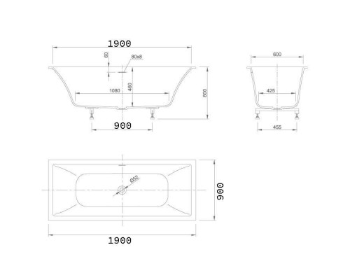 Knief Shape Ванна встраиваемая, 190x90xH60cм., с щелевым сливом переливом click-clack, с к-м ножек, цвет: белая матовая. 0600-777-01