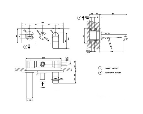 Gessi Rilievo Встраиваемый смеситель для ванной на 2 источника, с изливом 169мм и переключателем, внешняя часть, цвет: black XL. 59138#299