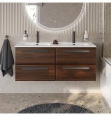 Тумба с раковиной Cezares Eco Cer-N 120, 4 ящика, орех шоколад софт, раковина Duet 120, двойная, ручки матовые черные