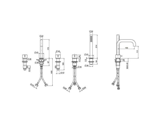 QuadroDesign Source Смеситель на борт ванны, на 5 отв., с ручным дуешм, цвет: brushed stainless steel. 1295AS