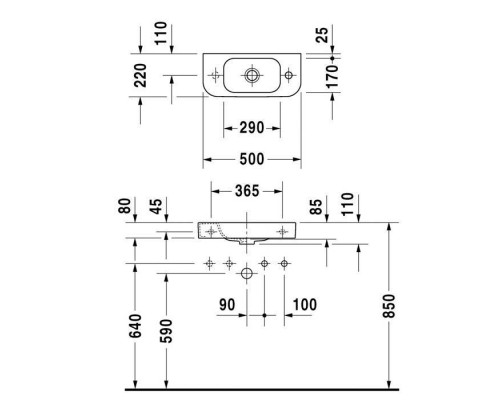 Duravit Happy D.2 Раковина 50x22 см, без отв., цвет: белый. 0711500000
