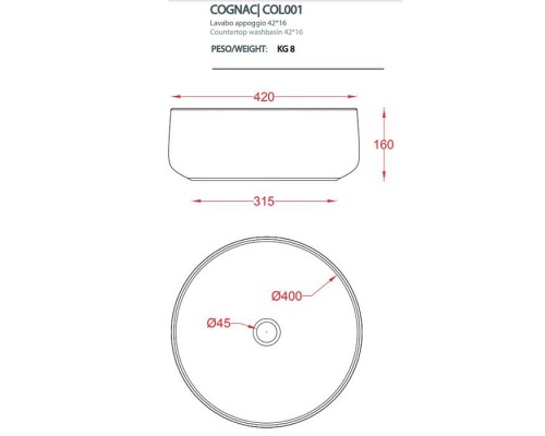 Artceram Cognac Раковина накладная Oslash;42 см, saniglaze, цвет: белый глянцевый. COL001 01 34