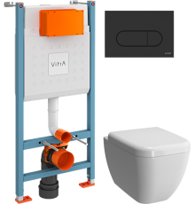 Комплект Унитаз подвесной VitrA Shift 7742B003-0075 белый глянцевый + Крышка 91-003-009 с микролифтом, петли хром + Инсталляция V-Fix Core 732-5800-01 с кнопкой смыва Root R 740-2211 черной матовой