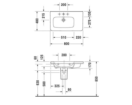 Duravit DuraStyle Раковина 80х48 см, 3 отв., Sx, с переливом, цвет: белый. 2325800030