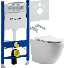 Комплект 3 в 1 Унитаз подвесной STWORKI Кронборг KR-01up безободковый, с микролифтом, встроенный, фарфор, с горизонтальным выпуском + Инсталляция с кнопкой Geberit Duofix Delta 458.149.21.1 цвет хром + Звукоизоляция 156.050.00.1