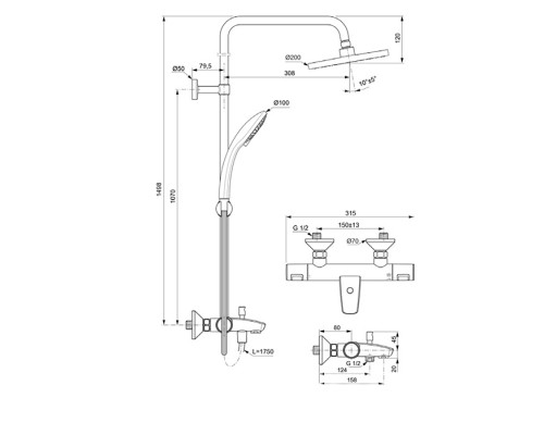Ideal Standard Ceratherm T25 Душевая система с термостатическим смесителем, верхним душем Oslash;20см., держателем, лейкой для душа и шлангом 160см., цвет: хром. A7590AA