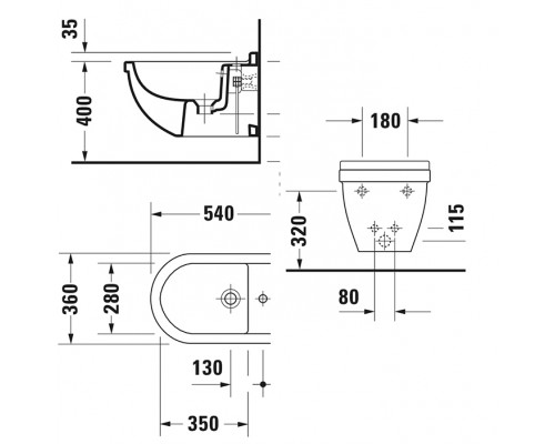 Duravit Starck 3 Биде подвесное 54х36см., с 1 отв., крепления Durafix, цвет: белый . 2280150000