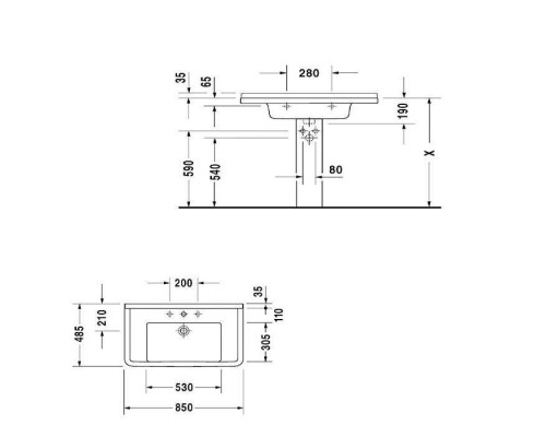 Duravit Starck 3 Раковина 85х48.5 см, 1 отв., с переливом, цвет: белый. 0865160000,  0304800000