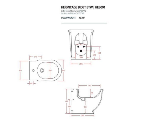 Artceram HERMITAGE биде напольное 52х38см, пристенное 55х36см с 1 отв под смеситель с креплением, цвет: белый. HEB001 01 00