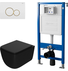 Комплект Унитаз подвесной Point Меркурий PN41831BM черный матовый, безободковый, с микролифтом + Инсталляция PN45122 с контейнером для гигиенических таблеток + Кнопка Виктория PN44061WG белая, золото