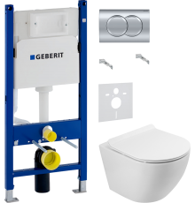 Комплект Унитаз подвесной BelBagno Sfera-r BB046CH-TOR безободковый + Крышка Piano BB2111SC с микролифтом + Шумоизоляция Geberit 156.050.00.1 + Инсталляция Duofix Delta 458.149.21.1 с кнопкой смыва, хром