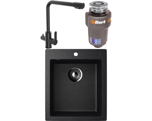 Комплект Мойка кухонная Ulgran U-404 -308 черная, встраиваемая, российская, матовая, квадратная + Смеситель Domaci Равенна TR-01b + Измельчитель Bort Titan 5000