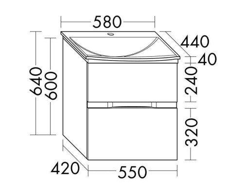 BURGBAD Orell База подвесная  умыв.из мин. литья 580х440х64см.2 выдв ящ., вкл сифон,1 отв под смес., ручка G0137 с зеркальным шкафом, цвет: дуб меринос . SETH058F2777G0137C0001*1,  SPFQ050RK0510