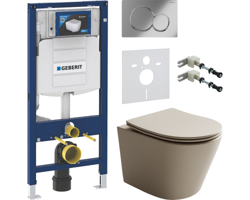 Комплект Унитаз подвесной Ceramicanova Balearica Rimless CN6000MC капучино матовый + Крепления Geberit Duofix 111.815.00.1 к стене + Шумоизоляция + Инсталляция UP 320 111.300.00.5 + Кнопка Sigma 01 115.770.21.5 хром