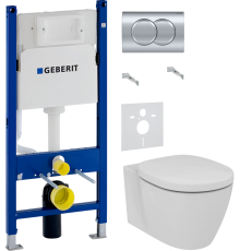 Комплект Унитаз подвесной Ideal Standard Connect AquaBlade E047901 + Крышка E712801 + Инсталляция Geberit Duofix Delta 458.149.21.1 с кнопкой смыва, хром + Шумоизоляция 156.050.00.1