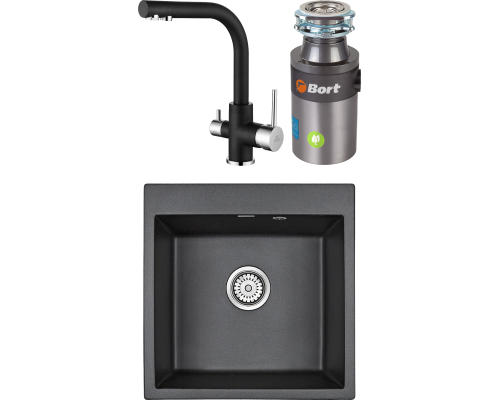 Комплект Мойка кухонная Paulmark Kante 50 PM105152-BL черный + Смеситель Essen Es213011-418 черный металлик + Измельчитель Bort Titan 4000 Control