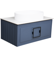 Тумба с раковиной La Fenice Cubo 80 подвесная, blu grigio, ручка черная, столешница белый мрамор, раковина матовая белая