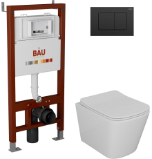 Комплект Унитаз подвесной Bauedge Bau Stil безободковый, с микролифтом + Инсталляция Bau Pro + Кнопка Stil, черная матовая