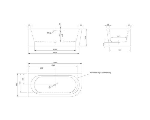 KNIEF Wall Corner R Ванна пристенная с монтажом в левый угол 180х80х60см, с щелевым переливом, цвет: белый со слив-переливом УЦЕНЕНА. 0100-091-06,  0100-277-R уценка - переход цвета на бортике