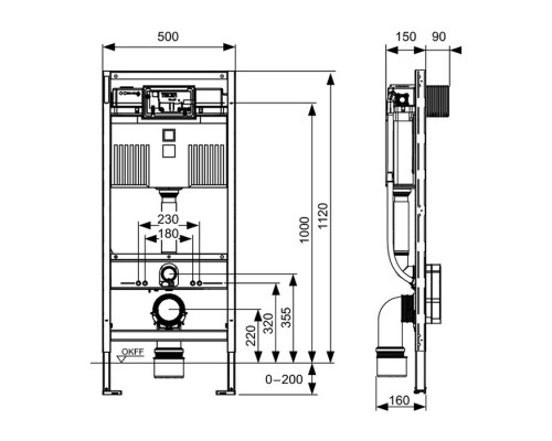 TECEprofil Инсталляция для унитазов-биде, высота h1120мм, без крепления к стене. 9300300