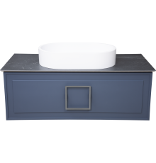 Тумба с раковиной La Fenice Cubo 100 подвесная, blu grigio, ручка хром, столешница чернай мрамор, раковина белая матовая