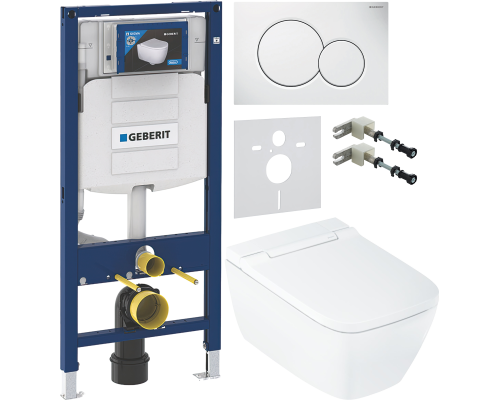 Комплект Умный подвесной Geberit AquaClean Sela Square безободковый, с биде, белый + Инсталляция Duofix UP 320 111.300.00.5 + Кнопка Sigma 01 115.770.11.5 белая + Звукоизоляция 156.050.00.1 + Крепления 111.815.00.1 к стене