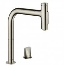 Hansgrohe Metris M71 Смеситель для кухни, на 2 отв, поворотный излив: 22.1см с вытяжным душем, 2jet, h:20.8см, sBox, цвет: нержавейка. 73818800