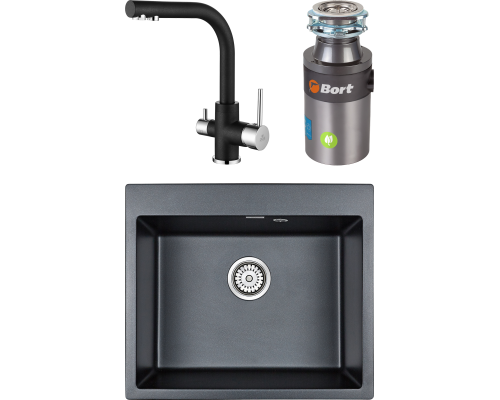 Комплект Мойка кухонная Paulmark Kante 60 PM106052-BLM черный металлик + Смеситель Essen Es213011-418 черный металлик + Измельчитель Bort Titan 4000 Control