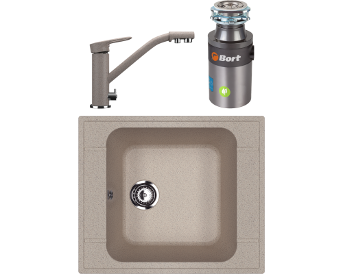 Комплект Мойка кухонная Ulgran U-604 -302 песочная + Смеситель U-010 -302 песочный + Измельчитель Bort Titan 4000 Plus