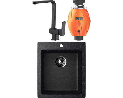 Комплект Мойка кухонная Ulgran U-404 -308 черная, встраиваемая, российская, матовая, квадратная + Смеситель Domaci Солерно DC-3014 морион + Измельчитель Omoikiri Nagare 500