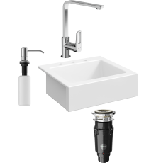 Комплект Мойка кухонная Domaci Сиена 50166-101 с 3 отверстиями, белый глянец + Измельчитель Равенна Vento Plus 560 + Смеситель STWORKI HDA3338XH + Дозатор 401 сатин
