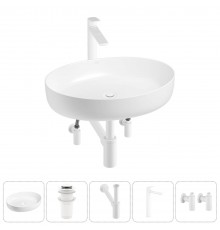 Накладная раковина для ванной комнаты Wellsee Belle Spa 3.0 20212676R в наборе 5 в 1: раковина белый глянец, донный клапан, сифон, смеситель, вентили (цвет набора матовый белый)