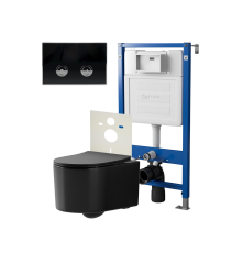Комплект Унитаз подвесной Point Веста PN41701BM черный матовый, безободковый, с микролифтом + Система инсталляции для унитазов Point PN45121 пневматическая + Кнопка смыва Point Венера PN44071BC черная, хром