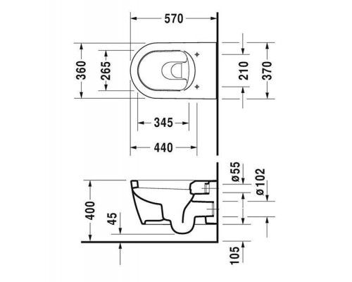Duravit ME by Starck Унитаз подвесной с вертикальным смывом, вкл. крепление Durafix, 4,5 л. с HygieneGlaze, 37x57см, Цвет: Белый. 2528092000