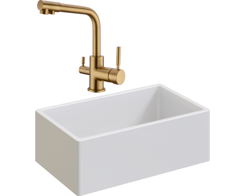 Комплект Мойка кухонная Domaci Сиена 50276-101 белый глянец + Смеситель Равенна DCB 3003 золото