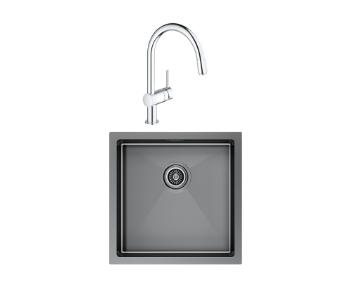 Комплект Мойка Paulmark Gerberg PM254444-GM вороненая сталь + Смеситель Grohe Minta 3291800E хром