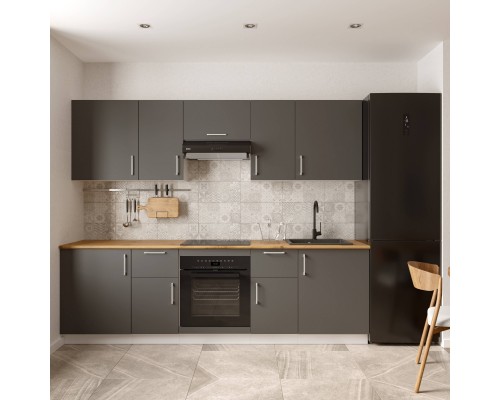 Кухонный гарнитур Domaci Болонья 260 см, фасад графит, ручка хром, столешница дуб вотан KUH-1008841