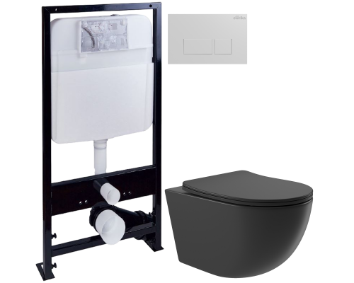 Комплект Унитаз подвесной Aqueduto Ovo OVO0140 безободковый, с микролифтом, черный матовый + Инсталляция EWRIKA ProLT 0026-2020 + Кнопка 0042 белая Комплект Унитаз подвесной Aqueduto Ovo OVO0140 безободковый, с микролифтом, черный матовый + Инсталляция EWRIKA ProLT 0026-2020 + Кнопка 0042 белая