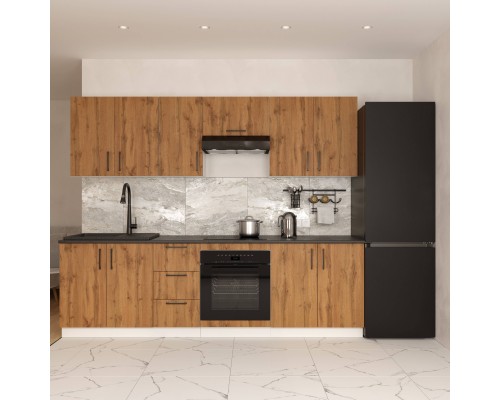 Кухонный гарнитур Domaci Болонья 260 см, фасад дуб вотан, ручка черная, столешница луна KUH-1008811