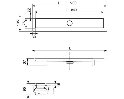 TECE TECElinus Комплект для монтажа дренажного канала 2 в 1, с основой для плитки tile и матовой решеткой steel 90см., цвет: нержавеющая сталь