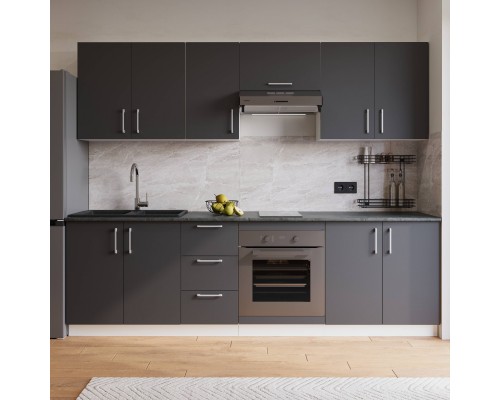 Кухонный гарнитур Domaci Болонья 260 см, фасад графит, ручка хром, столешница луна KUH-1008810