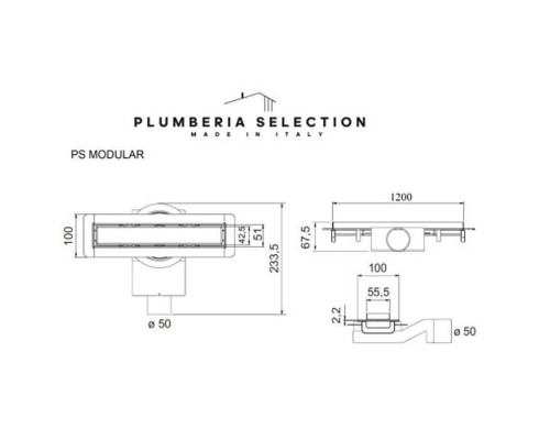 Plumberia Selection Трап душевой PS MODULAR 4x120 2устор. накладка из нерж.стали, комбинир.затвор с горизонт. выпуск Ду 50мм,40л/мин, цвет: нержавеющая сталь. PSM120MT
