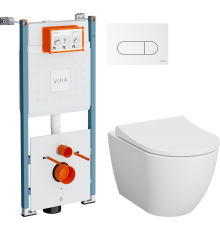 Комплект Унитаз подвесной VitrA Mia Round SmoothFlush 7510B003-0075 безободковый + Крышка 801-003-019 с микролифтом + Инсталляция V-Fix Core 732-5800-01PV + Кнопка Root Round 740-2200 белая глянцевая