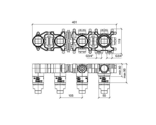 Almar Modular Закладная термостата на 2 потребителя горизонтальная + душ + излив. E169003 Almar Modular Закладная термостата на 2 потребителя горизонтальная + душ + излив. E169003