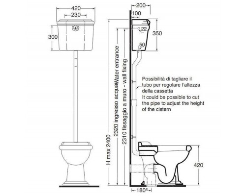 Azzurra Jubilaeum Унитаз напольный 59x40xH42 см, слив в стену, с высоким бачком, с механизмом и трубой, с креплением KIT 2000 C/C, цвет фурнитуры: хром, цвет: Bianco lucido. B1900TC cr,  JUCSAL000000BI/(JUB400/C bi),  JUVCTPB00000BI/(JUB100/P bi)
