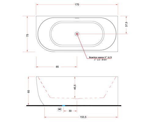 Gruppo Treesse Cora Ванна пристенная 170x75см, DX, акриловая, цвет: белый матовый. V057BODX