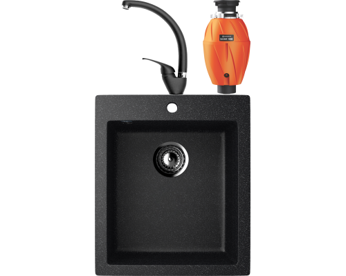 Комплект Мойка кухонная Ulgran U-404 -308 черная, встраиваемая, российская, матовая, квадратная + Смеситель Domaci Солерно DC-3013 морион + Измельчитель Omoikiri Nagare 1000