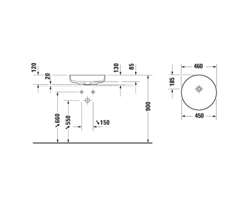 Duravit Vitrium Раковина 46см., накладная, без отв., круглая, без перелива, цвет: белый матовый. 2661463279