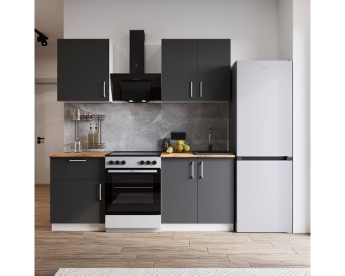 Кухонный гарнитур Domaci Болонья 200 см, фасад графит, ручка хром, столешница дуб вотан KUH-708321