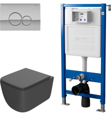 Комплект Унитаз подвесной Point Меркурий PN41831GM серый матовый, безободковый, с микролифтом + Инсталляция PN45122 с контейнером для гигиенических таблеток + Кнопка Виктория PN44061C хром